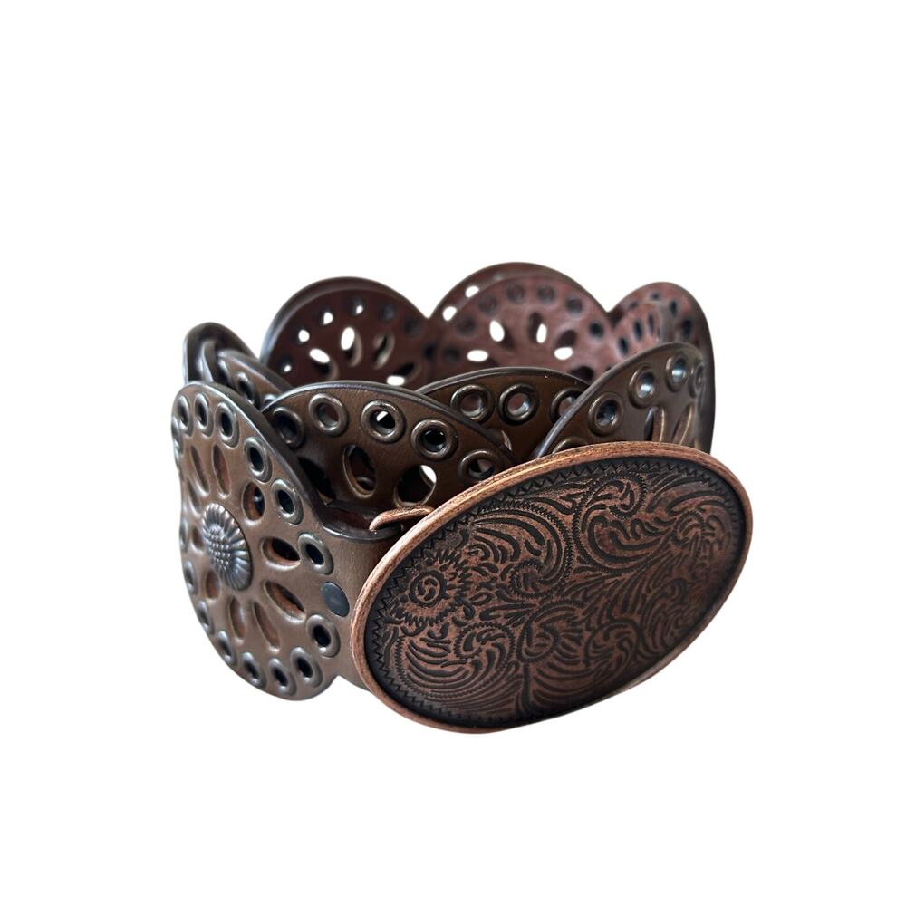 Wide Concho Belt Womens Antiqued Copper Western OS Engraved Oval Buckle Eyelet